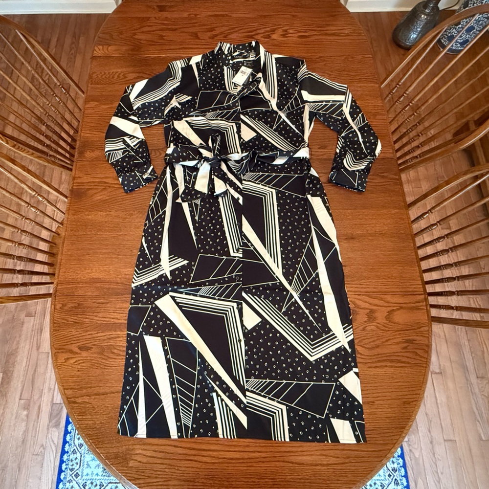 NWT Ralph Lauren Geo-Print Belted Sateen Silky Twill Shirtdress Black Cream 18 - Picture 3 of 16